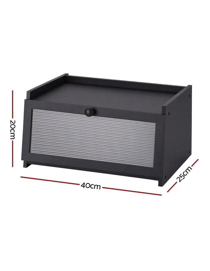 Artiss Bamboo Bread Box Kitchen Countertop Storage Clear Window Shelf 40cm Black image 2