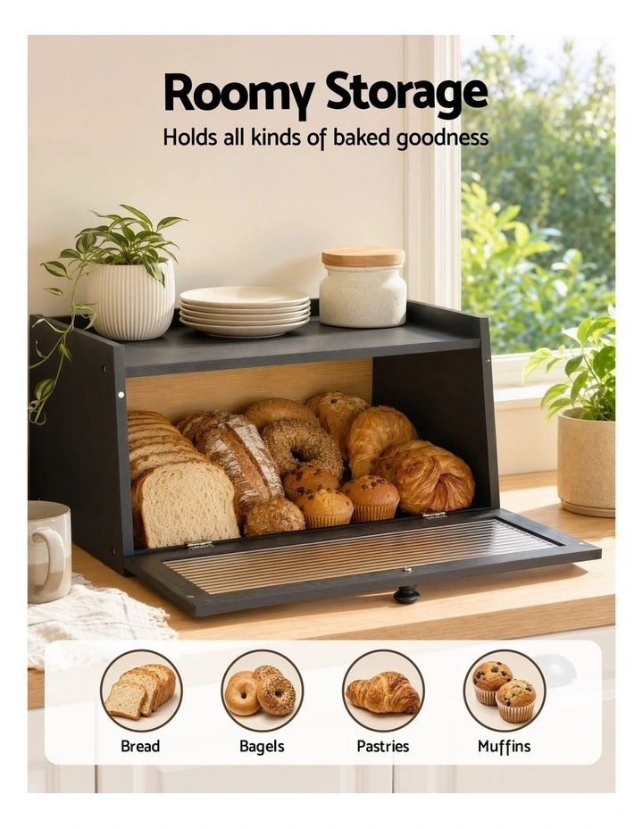 Artiss Bamboo Bread Box Kitchen Countertop Storage Clear Window Shelf 40cm Black image 4