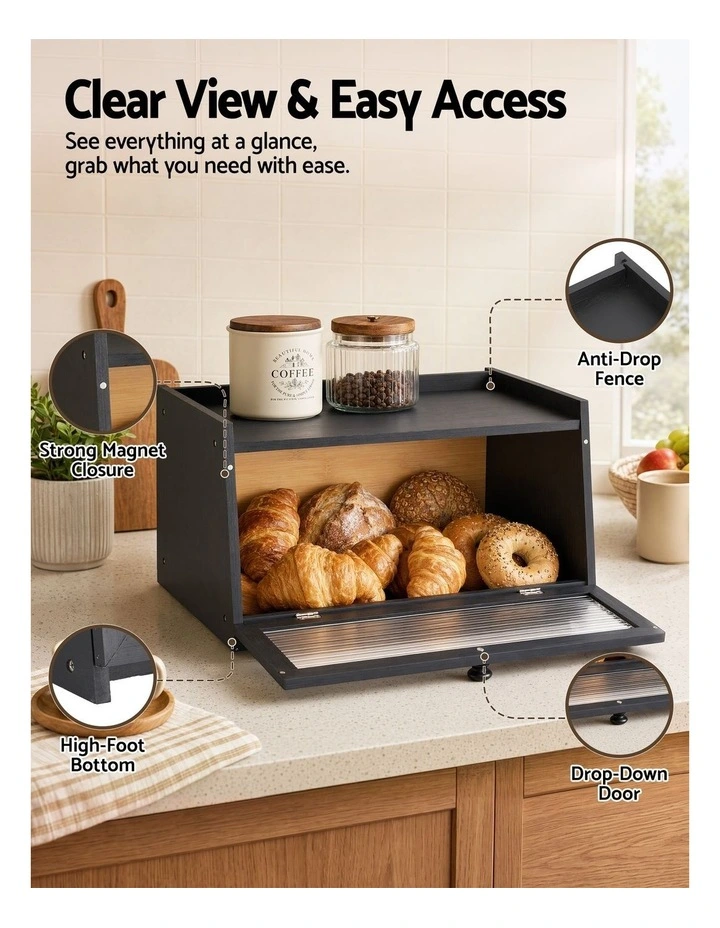 Artiss Bamboo Bread Box Kitchen Countertop Storage Clear Window Shelf 40cm Black image 5
