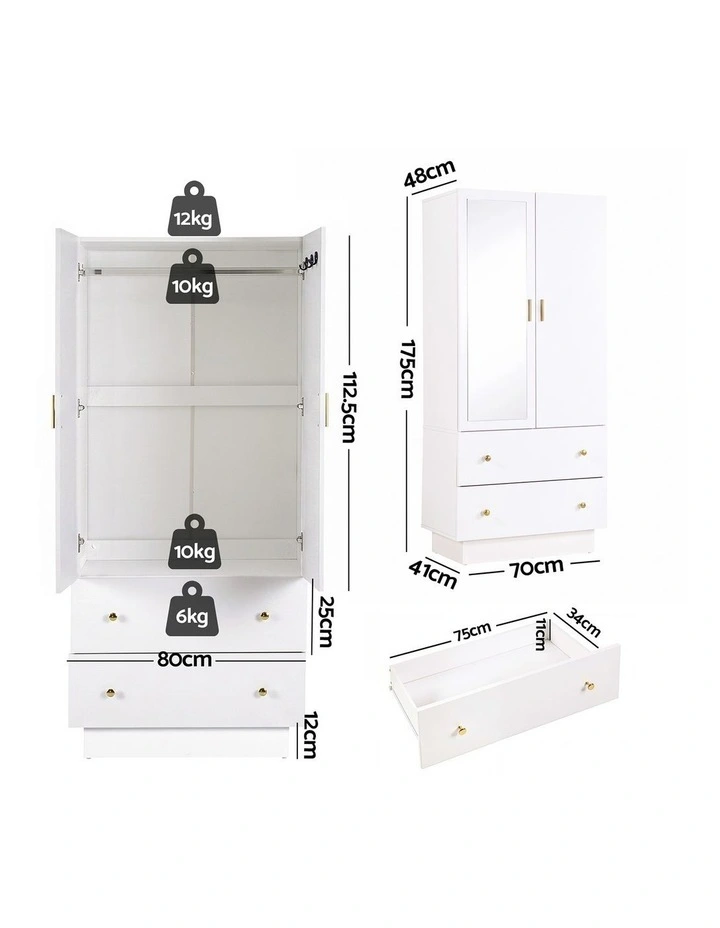 Artiss LED Wardrobe Cabinet Clothes Storage with Mirror 2 Drawers Hanging Rail image 2