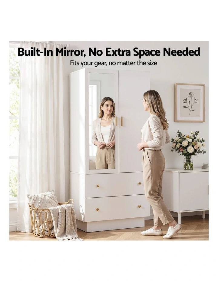 Artiss LED Wardrobe Cabinet Clothes Storage with Mirror 2 Drawers Hanging Rail image 5