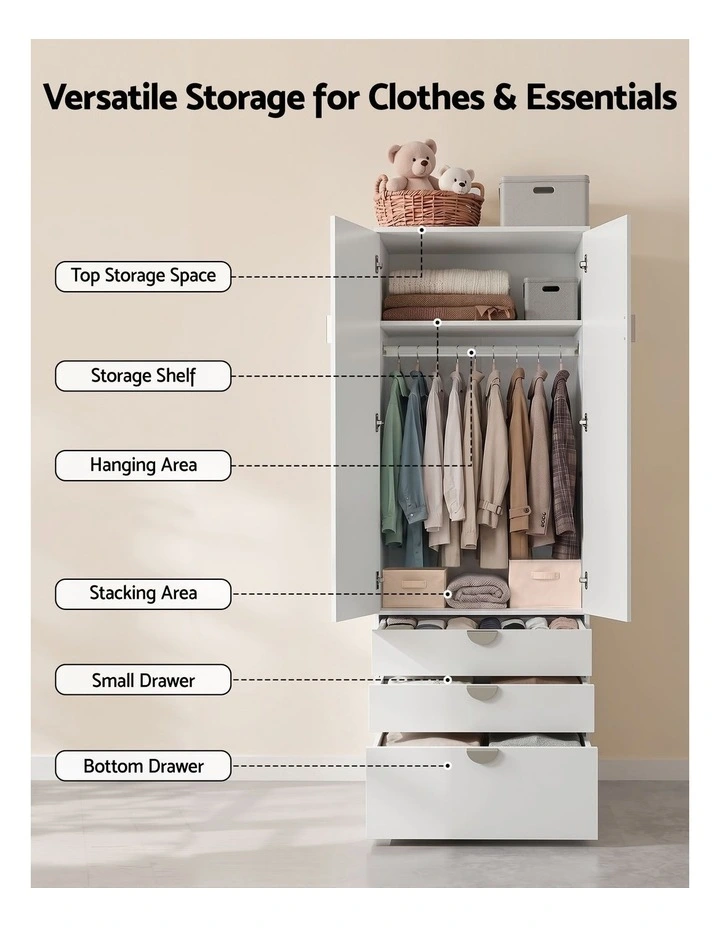 Artiss Wardrobe Cabinet Bedroom Clothes Storage Organiser Cupboard 3 Drawers Shelf Hanging Rod image 4