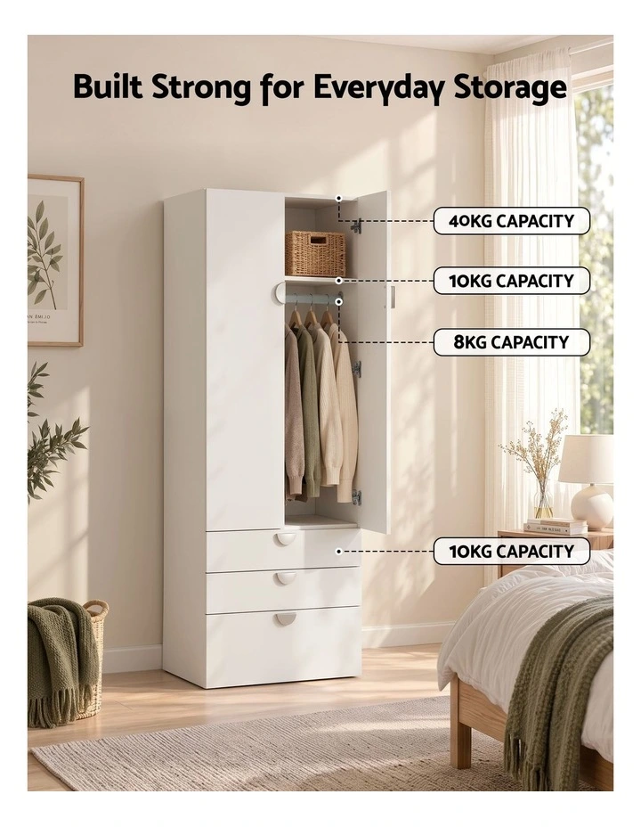 Artiss Wardrobe Cabinet Bedroom Clothes Storage Organiser Cupboard 3 Drawers Shelf Hanging Rod image 5