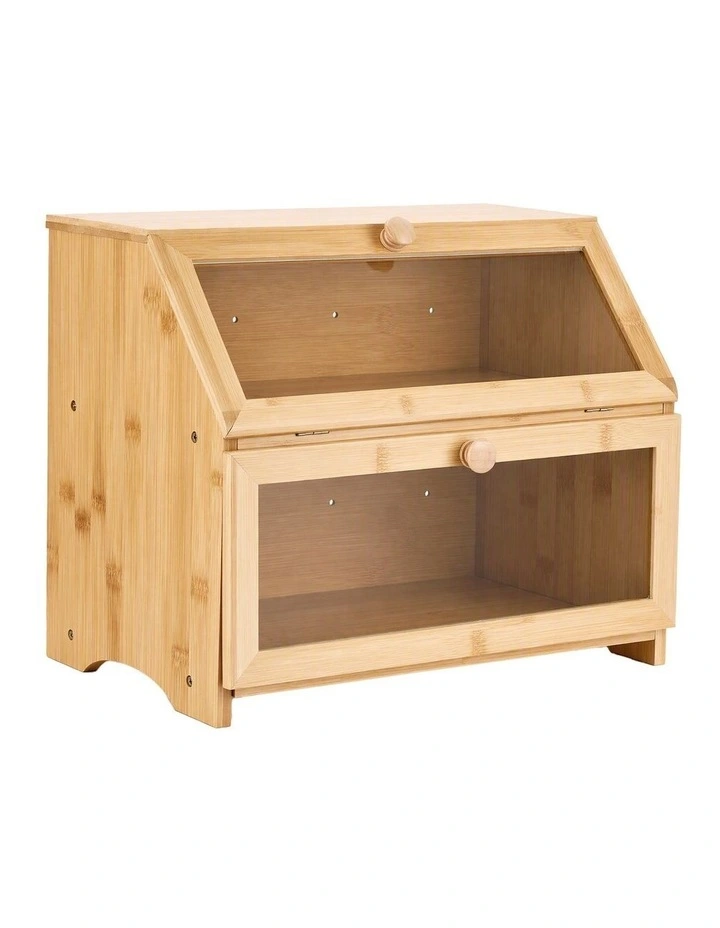 Artiss Bamboo Bread Box 2-Tier Kitchen Countertop Storage 39cm Natural image 1