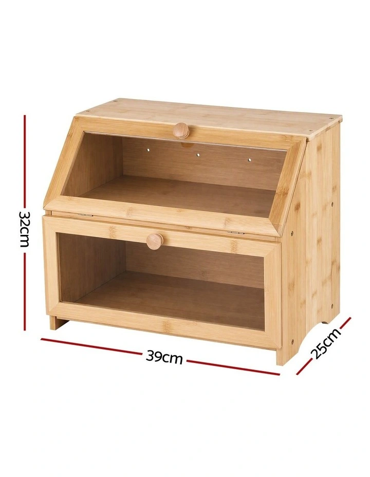 Artiss Bamboo Bread Box 2-Tier Kitchen Countertop Storage 39cm Natural image 2