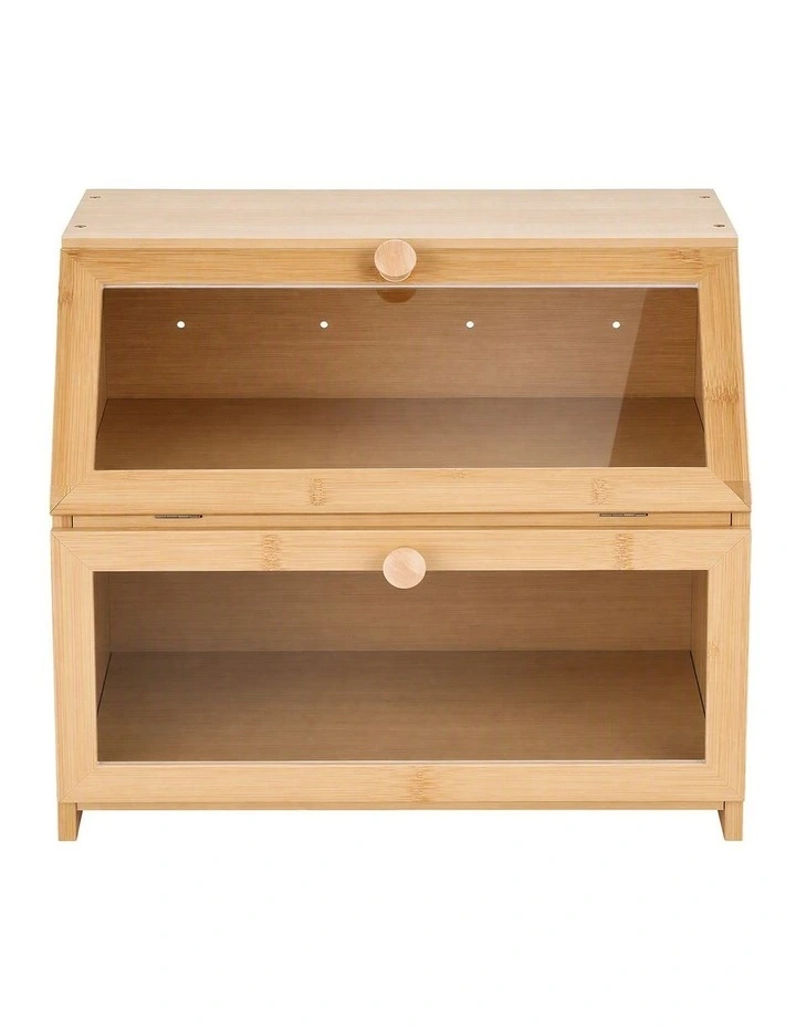 Artiss Bamboo Bread Box 2-Tier Kitchen Countertop Storage 39cm Natural image 3