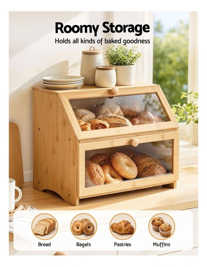Artiss Bamboo Bread Box 2-Tier Kitchen Countertop Storage 39cm Natural image 4