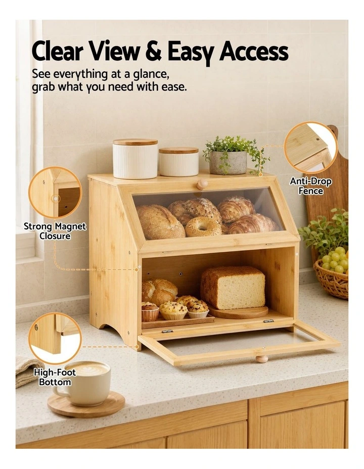 Artiss Bamboo Bread Box 2-Tier Kitchen Countertop Storage 39cm Natural image 5