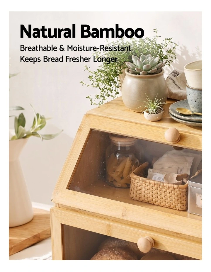 Artiss Bamboo Bread Box 2-Tier Kitchen Countertop Storage 39cm Natural image 6