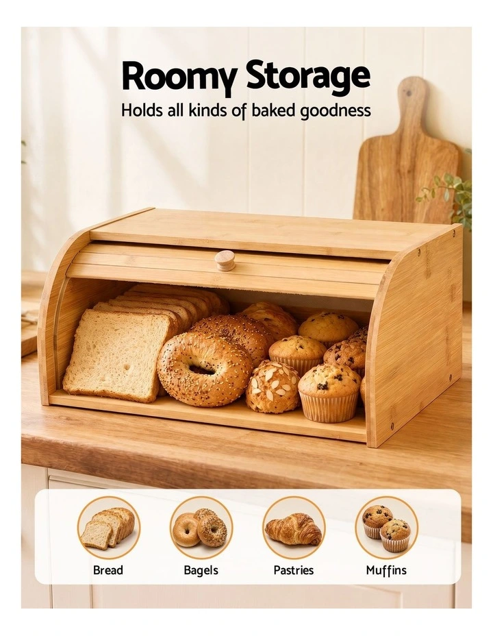 Artiss Bamboo Bread Box Bin Roll Top Kitchen Countertop Storage 45cm Natural image 4
