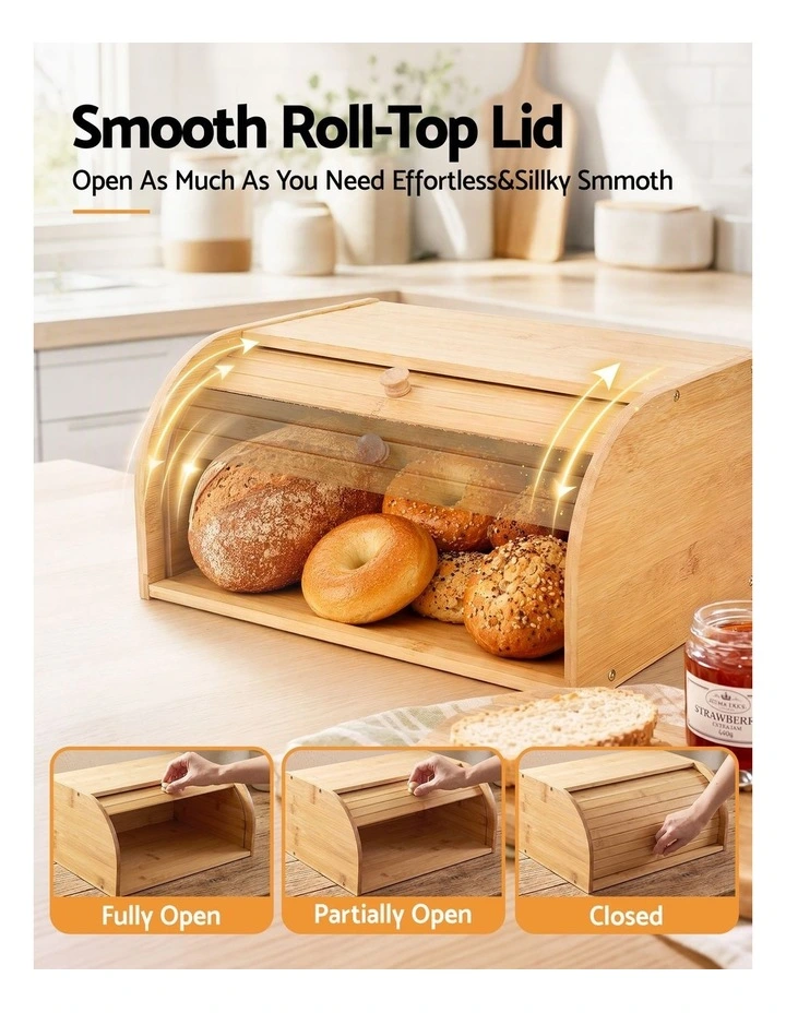 Artiss Bamboo Bread Box Bin Roll Top Kitchen Countertop Storage 45cm Natural image 5