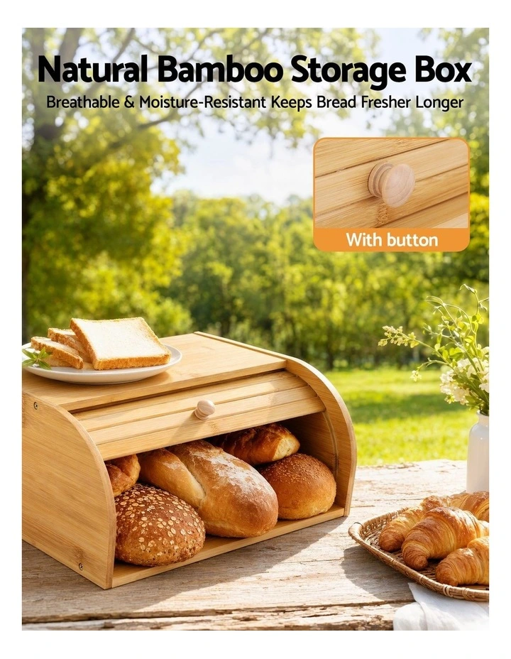 Artiss Bamboo Bread Box Bin Roll Top Kitchen Countertop Storage 45cm Natural image 6