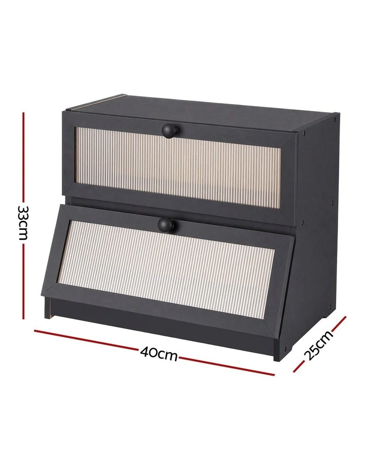 Artiss Bamboo Bread Box 2-Tier Kitchen Countertop Storage 40cm Black image 2