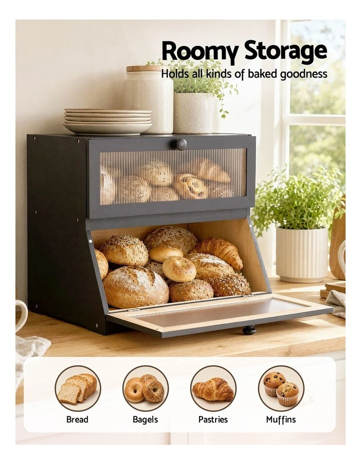 Artiss Bamboo Bread Box 2-Tier Kitchen Countertop Storage 40cm Black image 4