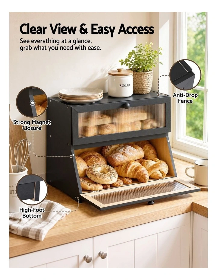 Artiss Bamboo Bread Box 2-Tier Kitchen Countertop Storage 40cm Black image 5