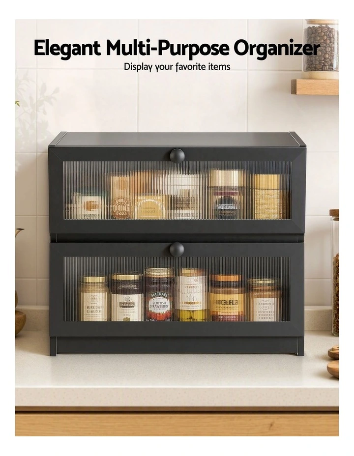 Artiss Bamboo Bread Box 2-Tier Kitchen Countertop Storage 40cm Black image 6