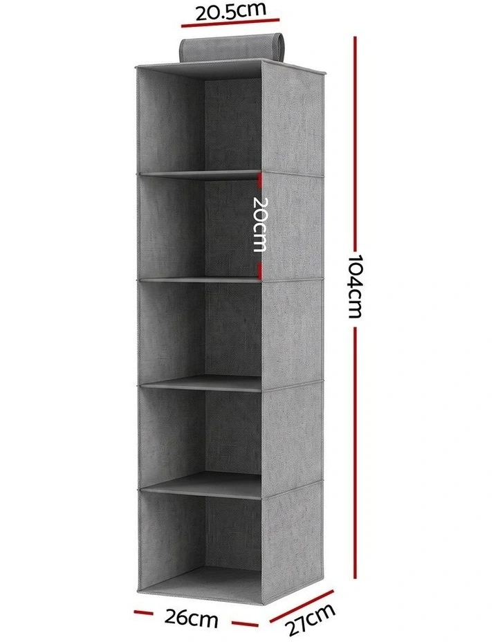 Artiss Hanging Closet Organiser 5 Tier Wardrobe Storage Grey 104cm image 2