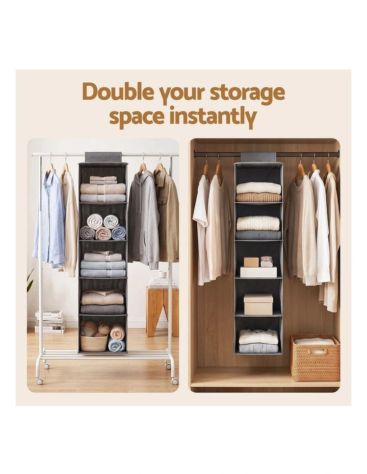 Artiss Hanging Closet Organiser 5 Tier Wardrobe Storage Grey 104cm image 4