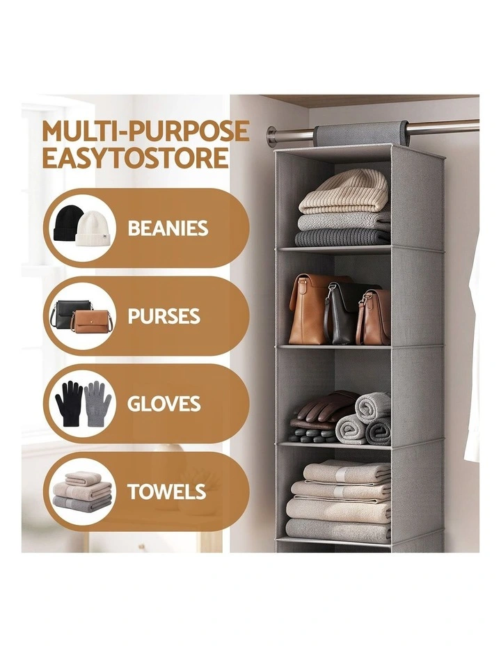 Artiss Hanging Closet Organiser 5 Tier Wardrobe Storage Grey 104cm image 5