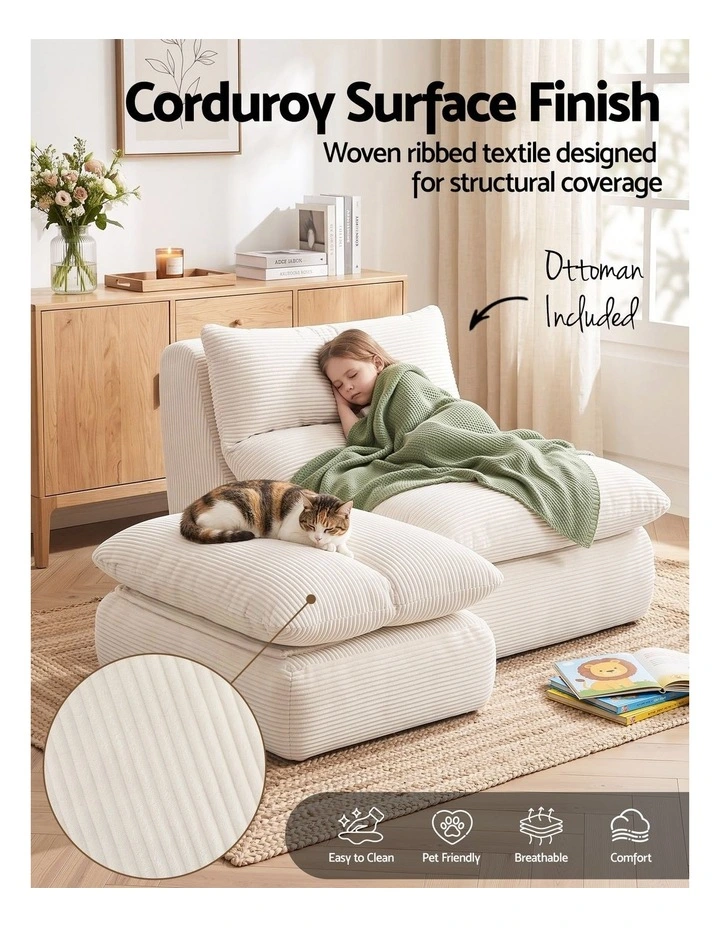 Artiss Lounge Chair Ottoman Single Sofa Couch Boneless Corduroy Chaise Footrest image 5