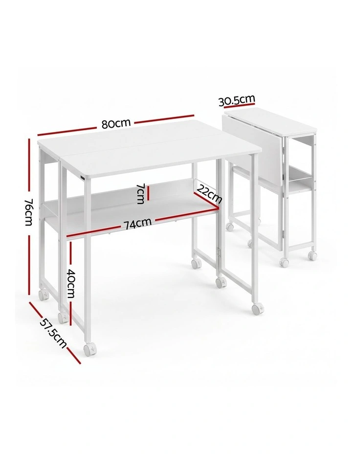 Artiss Foldable Computer Desk Mobile Study Table Workstation White 80cm image 2