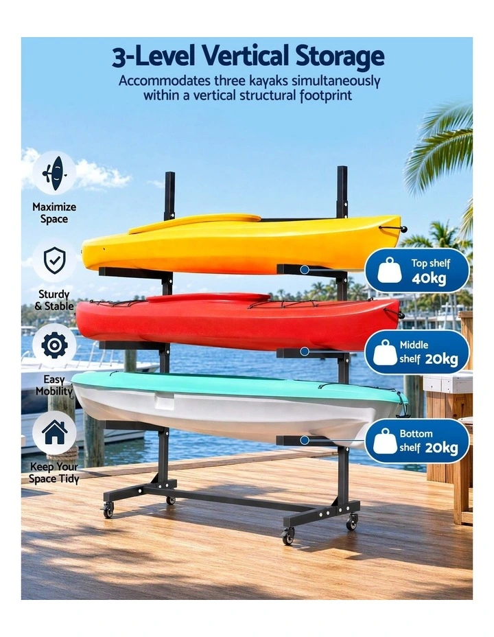 Weisshorn Kayak Storage Rack 3-Tier Canoe SUP Paddleboard Garage 80kg Casters image 4