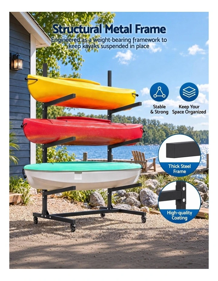 Weisshorn Kayak Storage Rack 3-Tier Canoe SUP Paddleboard Garage 80kg Casters image 5