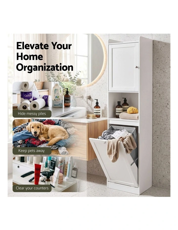 Artiss Tall Bathroom Storage Cabinet with Tilt Out Laundry Hamper White 170cm image 4