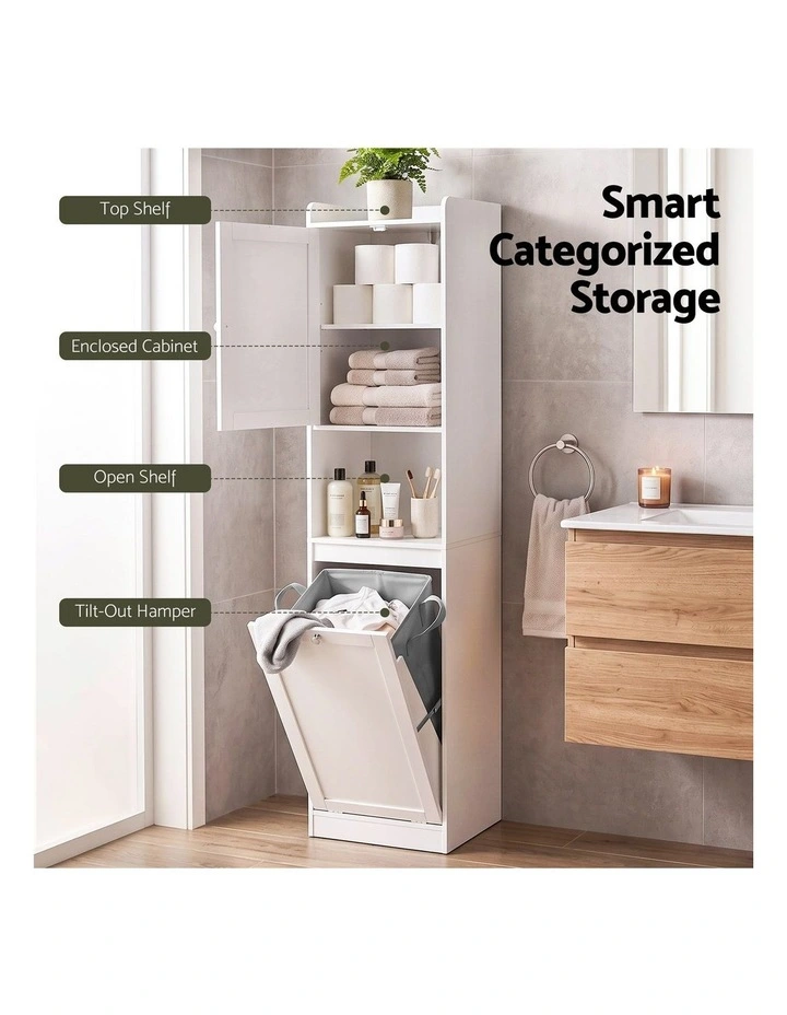 Artiss Tall Bathroom Storage Cabinet with Tilt Out Laundry Hamper White 170cm image 5