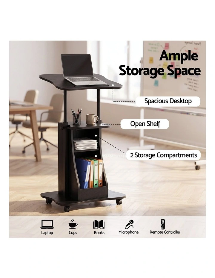 Artiss Mobile Podium Stand with Lockable Wheels Height Adjustable Laptop Desk Black image 4