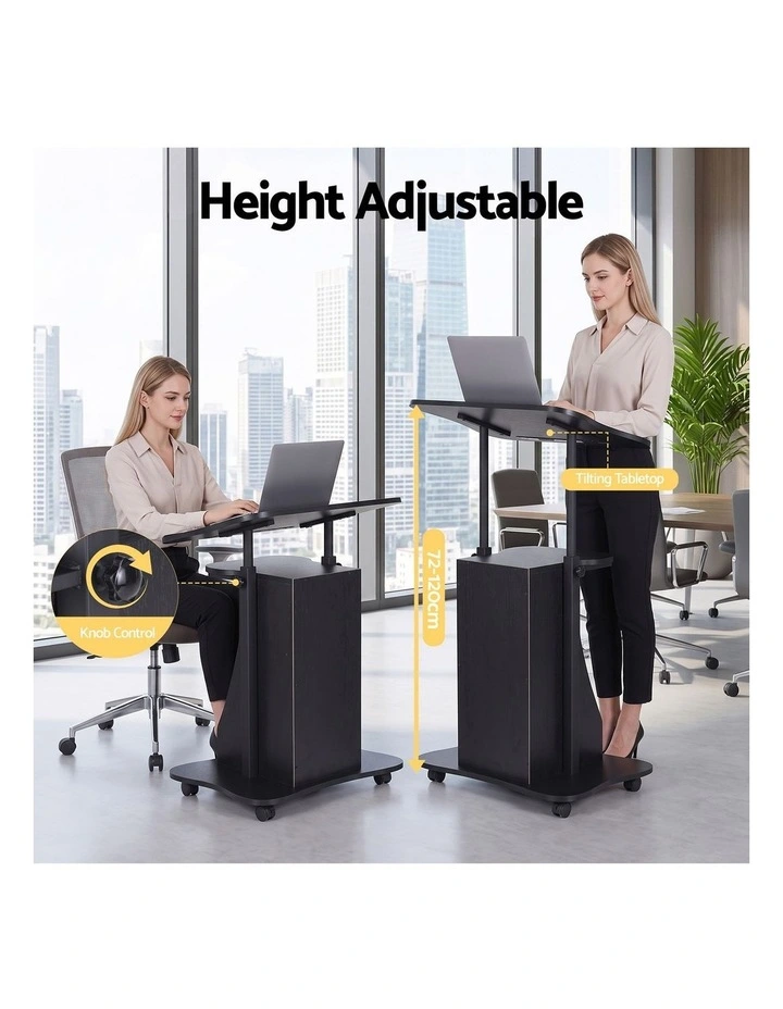 Artiss Mobile Podium Stand with Lockable Wheels Height Adjustable Laptop Desk Black image 5