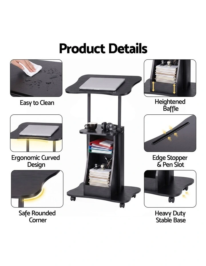 Artiss Mobile Podium Stand with Lockable Wheels Height Adjustable Laptop Desk Black image 6