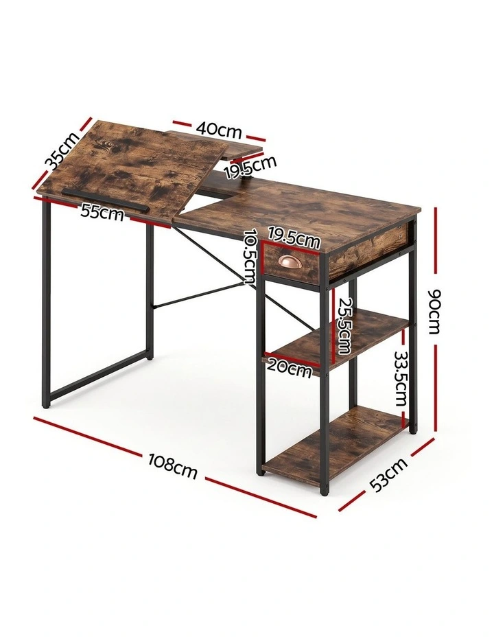 Artiss Computer Desk Drafting Drawing Table Tiltable Top Rustic Brown 108cm image 2