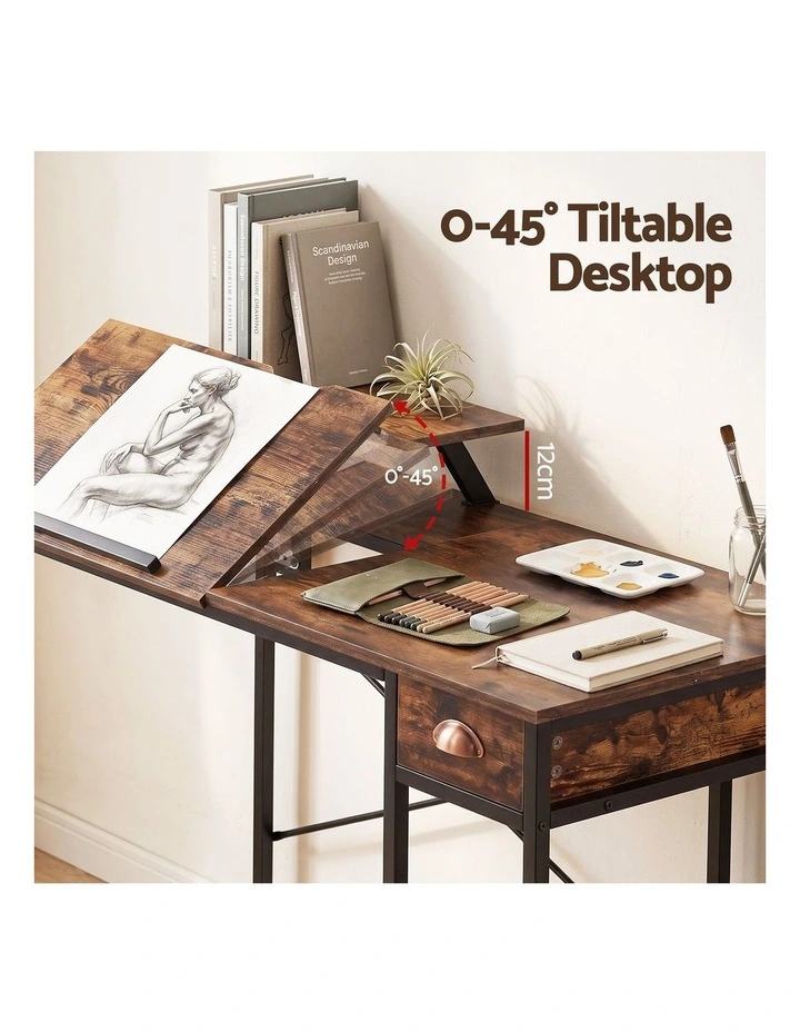 Artiss Computer Desk Drafting Drawing Table Tiltable Top Rustic Brown 108cm image 4