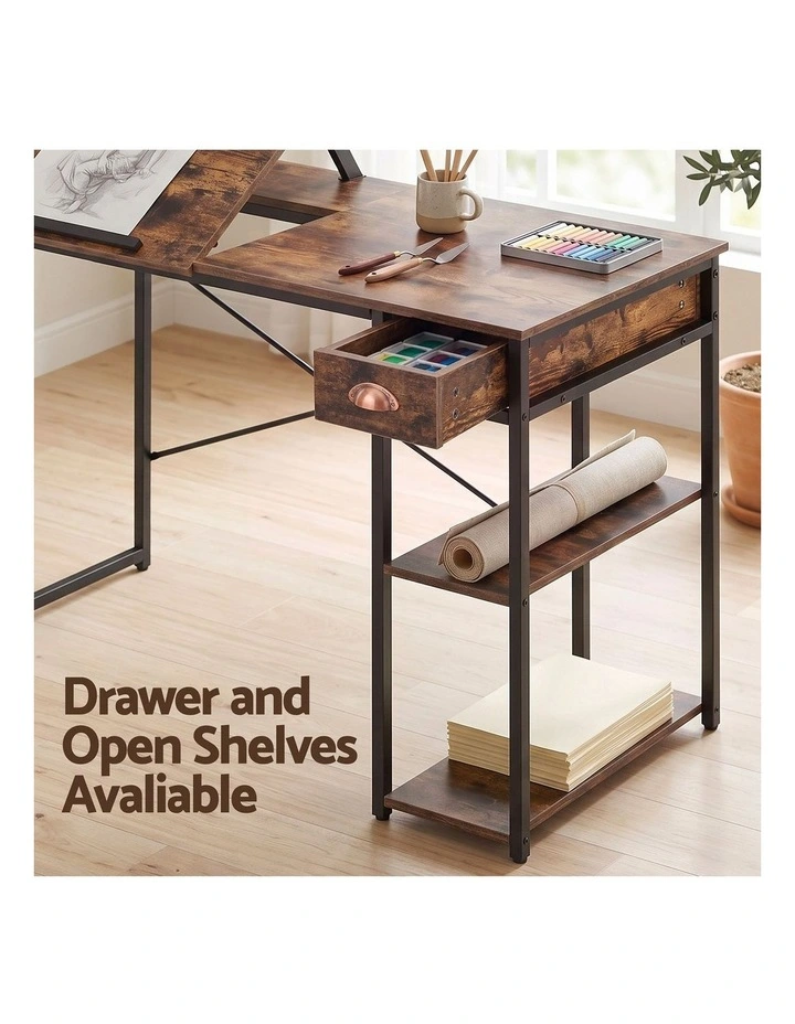 Artiss Computer Desk Drafting Drawing Table Tiltable Top Rustic Brown 108cm image 5