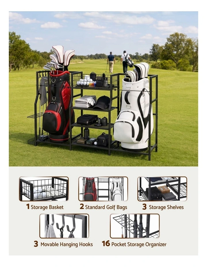 Everfit Golf Bag Storage Golfing Equipment Rack Holds 2 Bags 16 Clubs image 4