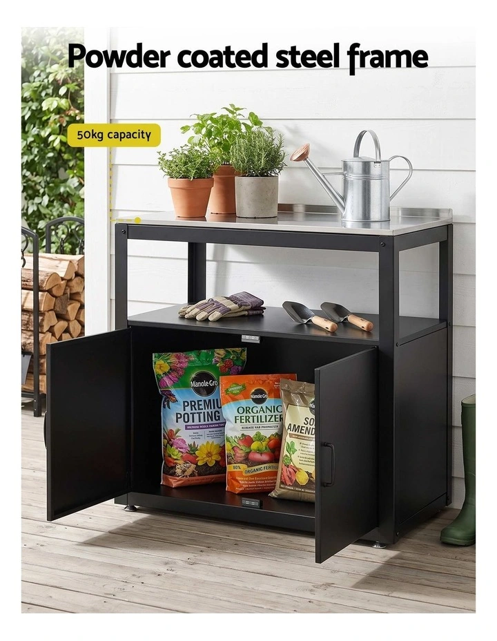 Gardeon Outdoor Storage Cabinet Garden Potting Bench Stainless Steel Table Top Black image 4