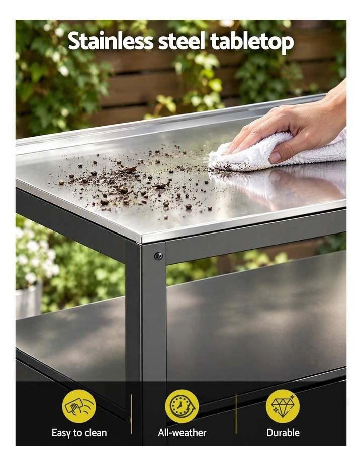 Gardeon Outdoor Storage Cabinet Garden Potting Bench Stainless Steel Table Top Black image 5