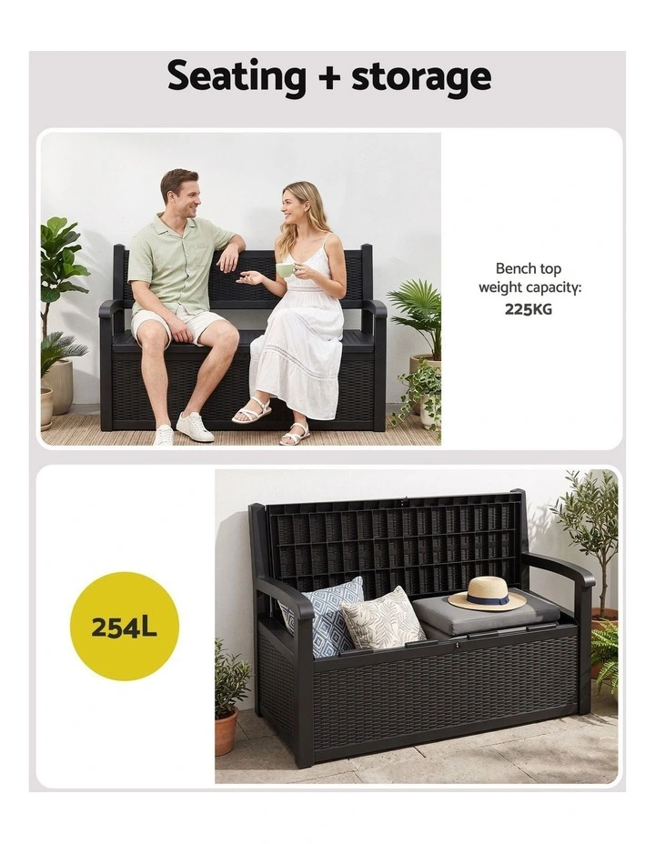 Gardeon Outdoor Storage Box Bench 254L Resin Armset Backrest Lockable Black image 4
