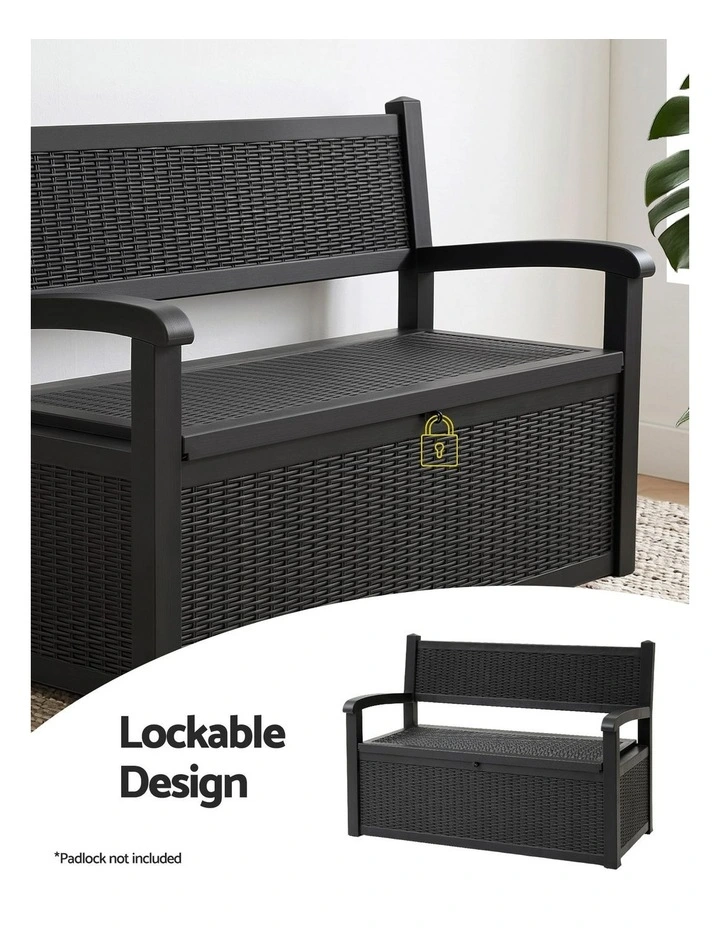 Gardeon Outdoor Storage Box Bench 254L Resin Armset Backrest Lockable Black image 5