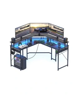 Artiss L-Shape Gaming Desk Computer Desks RGB LED Power Outlet 130cm Black