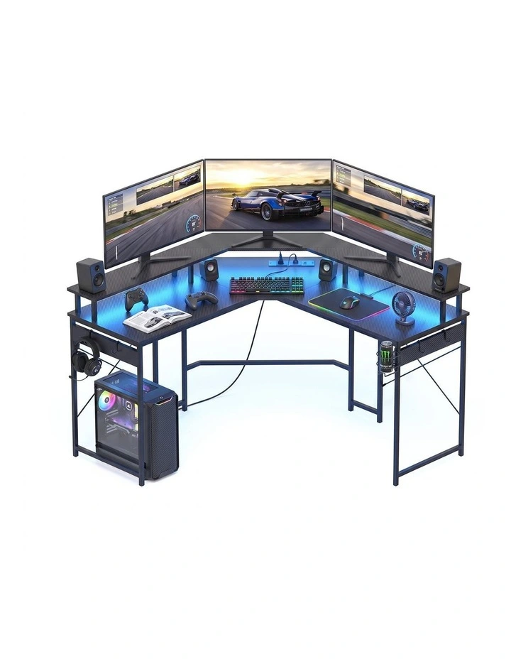 Artiss L-Shape Gaming Desk Computer Desks RGB LED Power Outlet 130cm Black image 1