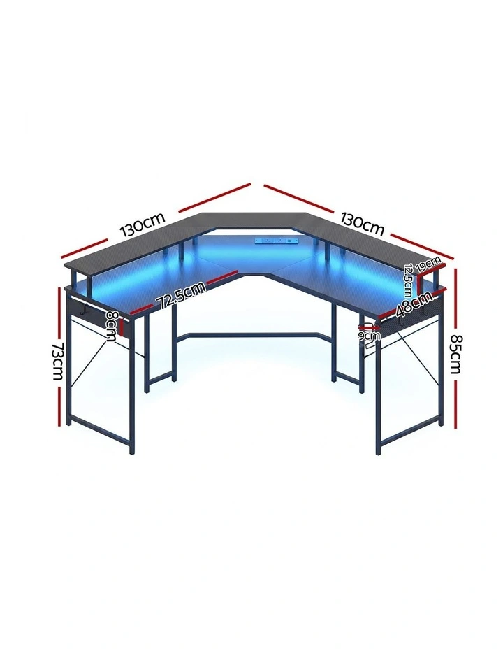 Artiss L-Shape Gaming Desk Computer Desks RGB LED Power Outlet 130cm Black image 2