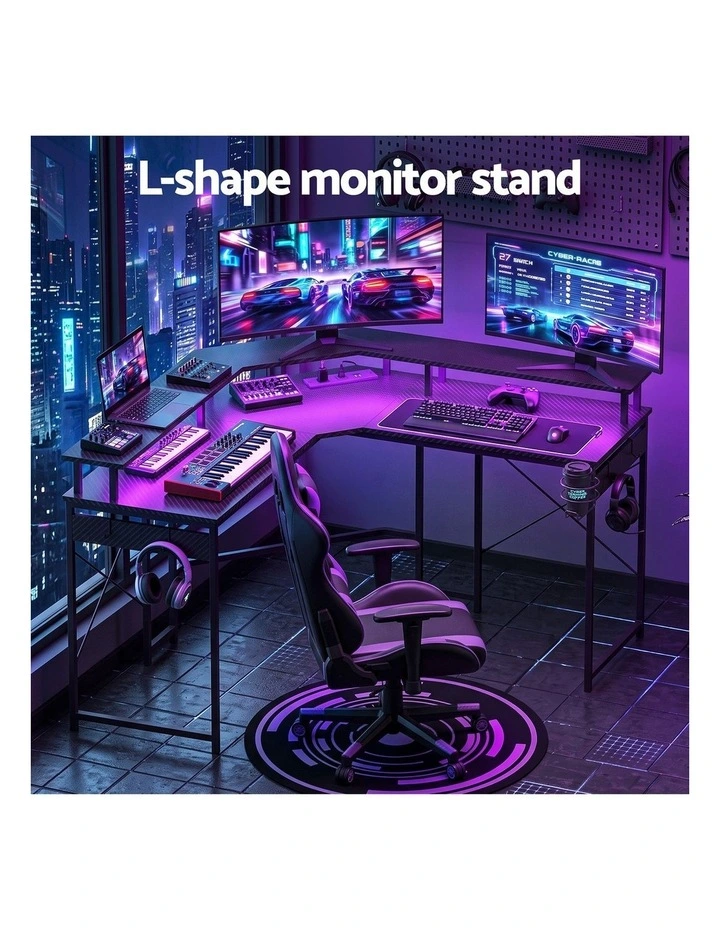 Artiss L-Shape Gaming Desk Computer Desks RGB LED Power Outlet 130cm Black image 4