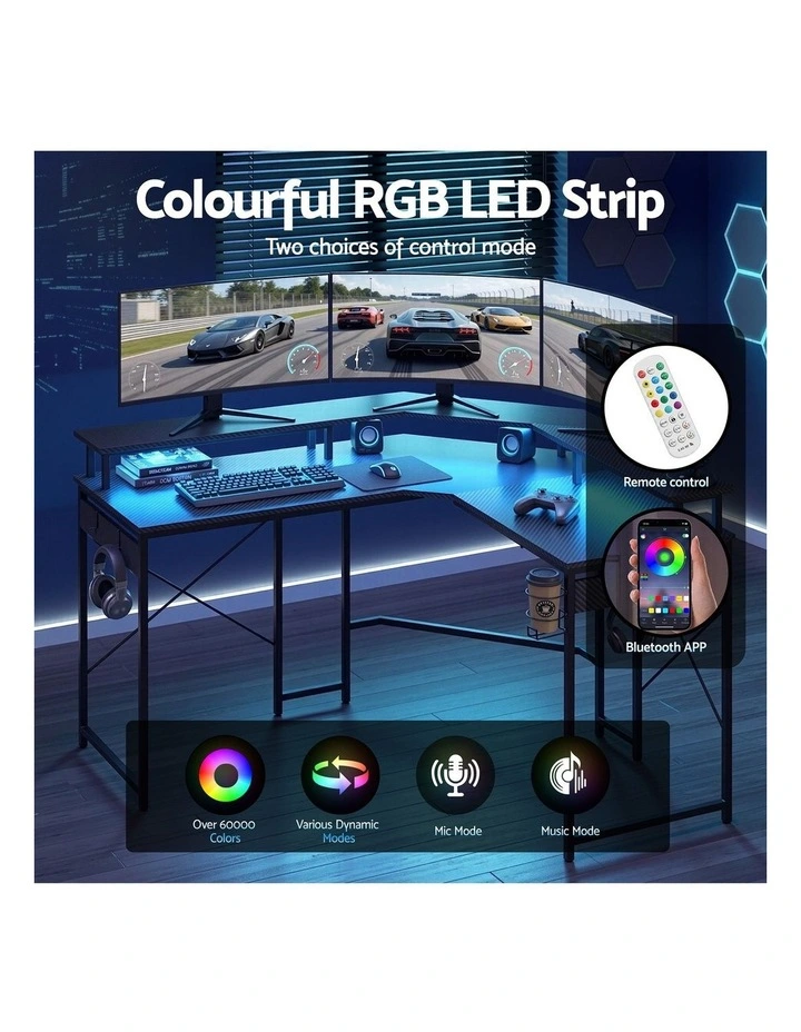 Artiss L-Shape Gaming Desk Computer Desks RGB LED Power Outlet 130cm Black image 5