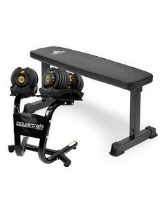 2x Powertrain 24kg Gold Adjustable Dumbbells w/ Stand and 10437 Bench