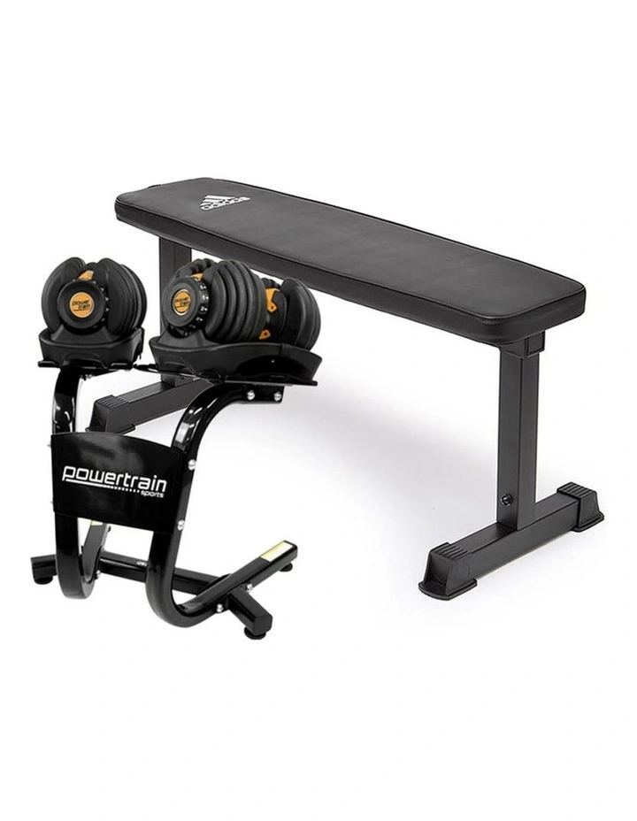 2x Powertrain 24kg Gold Adjustable Dumbbells w/ Stand and 10437 Bench image 1
