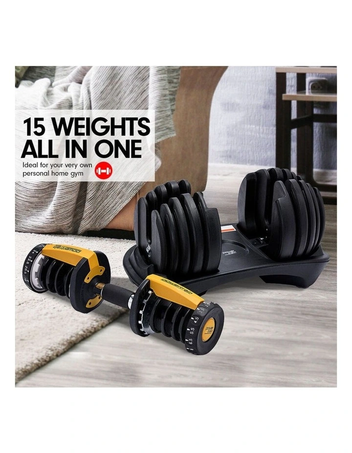 2x Powertrain 24kg Gold Adjustable Dumbbells w/ Stand and 10437 Bench image 5