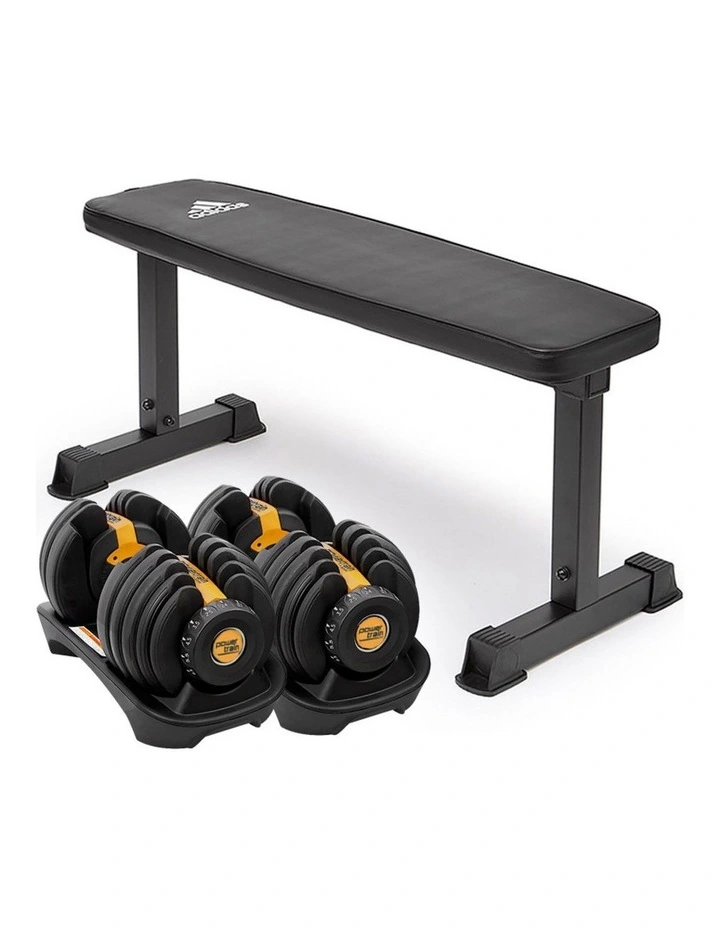 2x Powertrain 24kg Gold Adjustable Dumbbell Gym w/ 10437 Adidas Bench image 1
