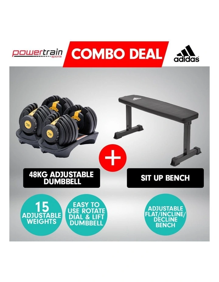 2x Powertrain 24kg Gold Adjustable Dumbbell Gym w/ 10437 Adidas Bench image 7